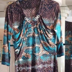 EUC - Beautiful animal  brown/blue print evening dress with crystals - size M